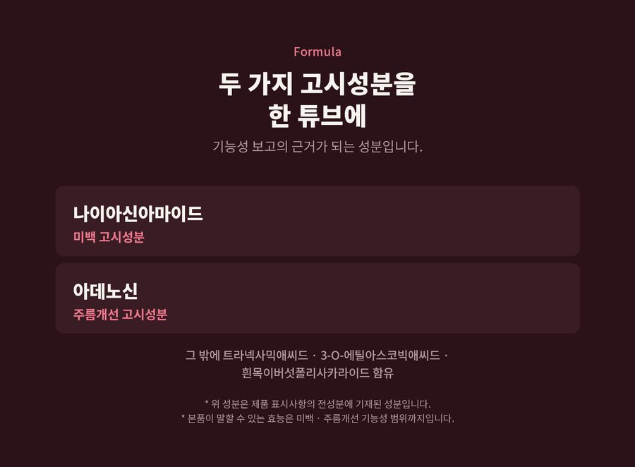 Formula. 두 가지 고시성분을 한 튜브에. 기능성 보고의 근거가 되는 성분입니다. 나이아신아마이드 미백 고시성분. 아데노신 주름개선 고시성분. 그 밖에 트라넥사믹애씨드 · 3-O-에틸아스코빅애씨드 · 흰목이버섯폴리사카라이드 함유. 위 성분은 제품 표시사항의 전성분에 기재된 성분입니다. 본품이 말할 수 있는 효능은 미백 · 주름개선 기능성 범위까지입니다.