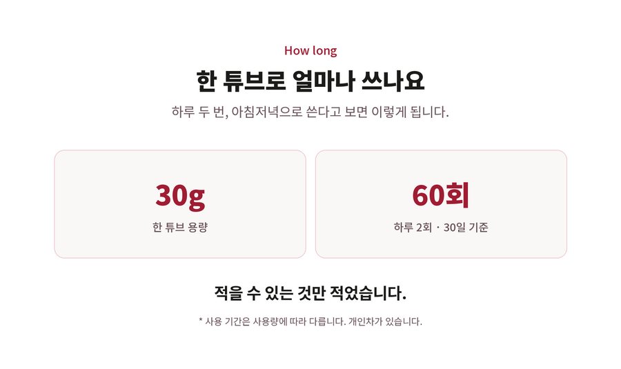 How long. 한 튜브로 얼마나 쓰나요. 하루 두 번, 아침저녁으로 쓴다고 보면 이렇게 됩니다. 30g 한 튜브 용량. 60회 하루 2회 · 30일 기준. 적을 수 있는 것만 적었습니다. 사용 기간은 사용량에 따라 다릅니다. 개인차가 있습니다.